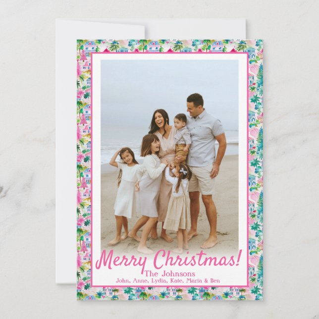 Island Christmas, Beach Pink & Green Custom Photo Holiday Card (Front)