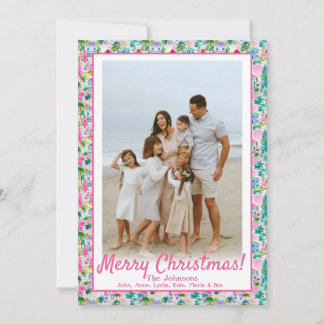 Island Christmas, Beach Pink & Green Custom Photo Holiday Card