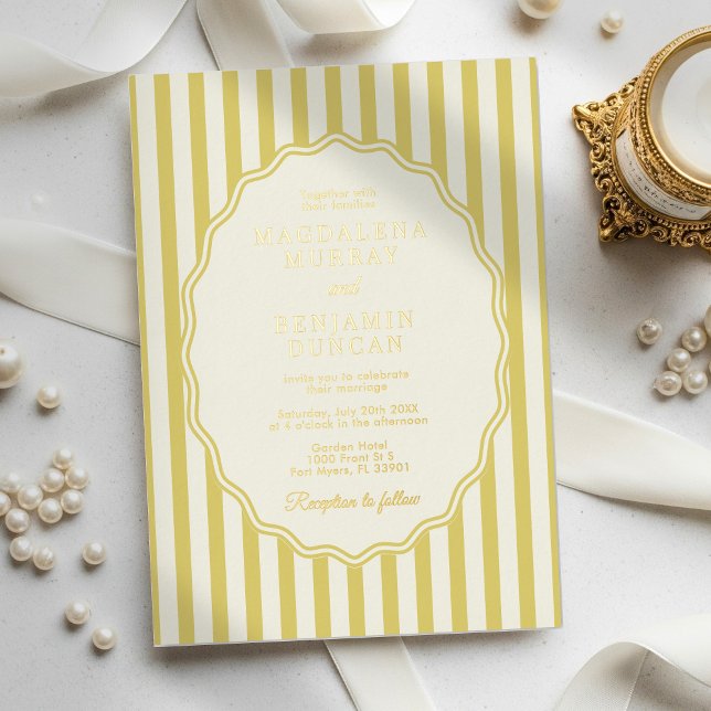 Island Citrus Yellow Elegant Modern Stripe Wedding Foil Invitation (Creator Uploaded)