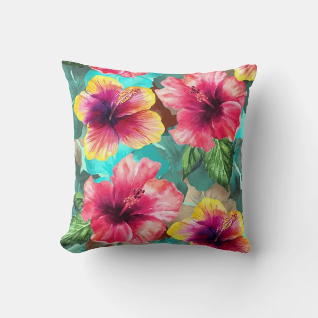 Island Elegance: Hibiscus Pattern Design Throw Pillow (Front)