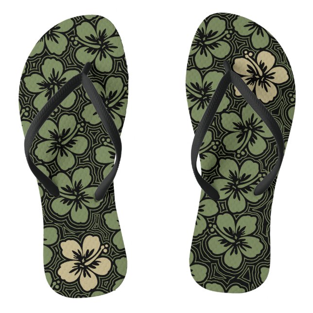 Island Floral Hawaiian Accent Hibiscus Pinstriped Flip Flops (Footbed)