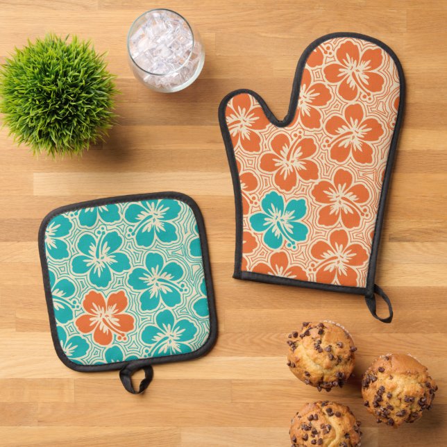 Island Floral Hawaiian Hibiscus Pinstriped Orange Oven Mitt & Pot Holder Set (Top Down)