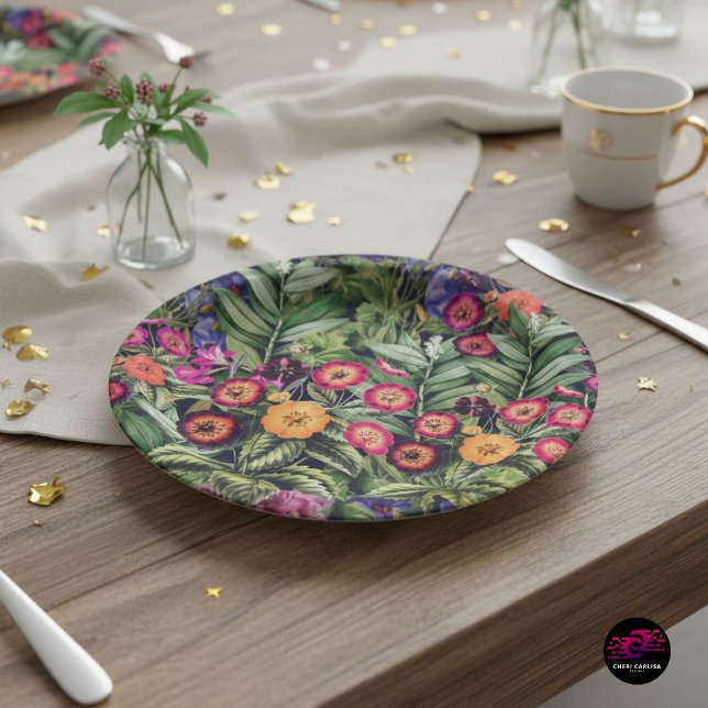 Island Floral Pink Meadow Paper Plates (Tropical florals take the plate, bold color and detail front and center the moment it lands.)