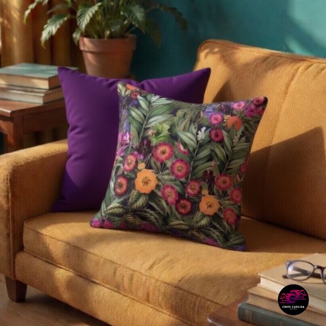 Island Floral Pink Meadow Throw Pillow (Tropical florals. Island vibe up front. Purple on reset.)