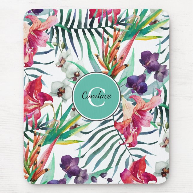Island Floral Tropical Pattern with Monogram Mouse Pad (Front)