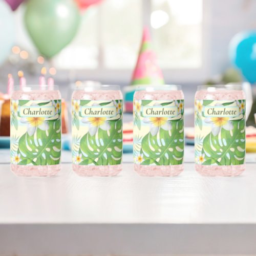 Island Flowers and Monstera Leaves Personalized  Can Glass