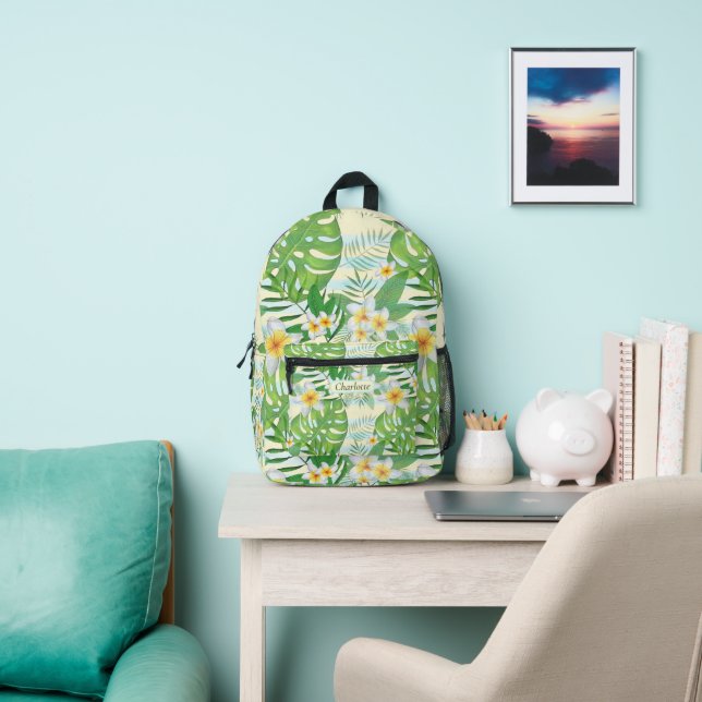Island Flowers and Monstera Leaves Personalized  Printed Backpack (Insitu)