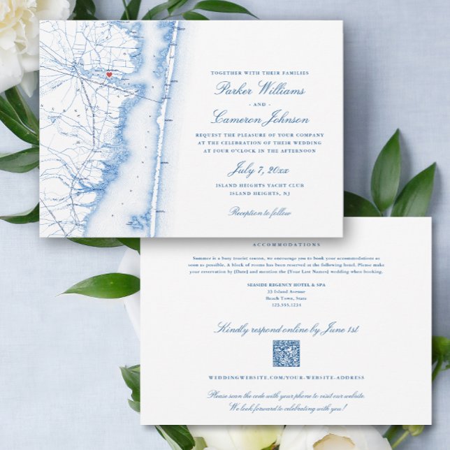 Island Heights NJ all-in-one QR code RSVP Wedding Invitation (Island Heights NJ Elegant QR Code RSVP all-in-one wedding invitation with elegant navy blue map)