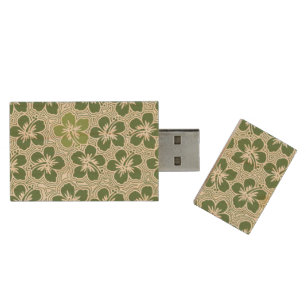 Island Hibiscus Hawaiian Pinstriped Floral Wood Flash Drive