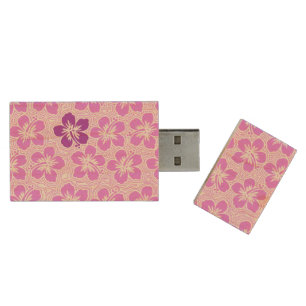Island Hibiscus Hawaiian Pinstriped Floral Wood USB Flash Drive