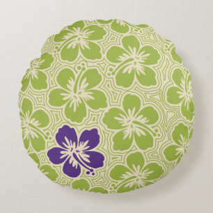 Island Hibiscus Hawaiian Pinstriped Reversible Round Pillow