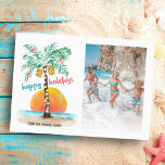 Island Holiday Palm Tree Christmas Photo Card<br><div class="desc">Tropical beach theme flat Christmas photo card features an island in the sun with a palm tree decorated with string lights and ornaments and a "happy holidays" greeting along with a space to replace the sample photo with your own. Art by KL Stock</div>