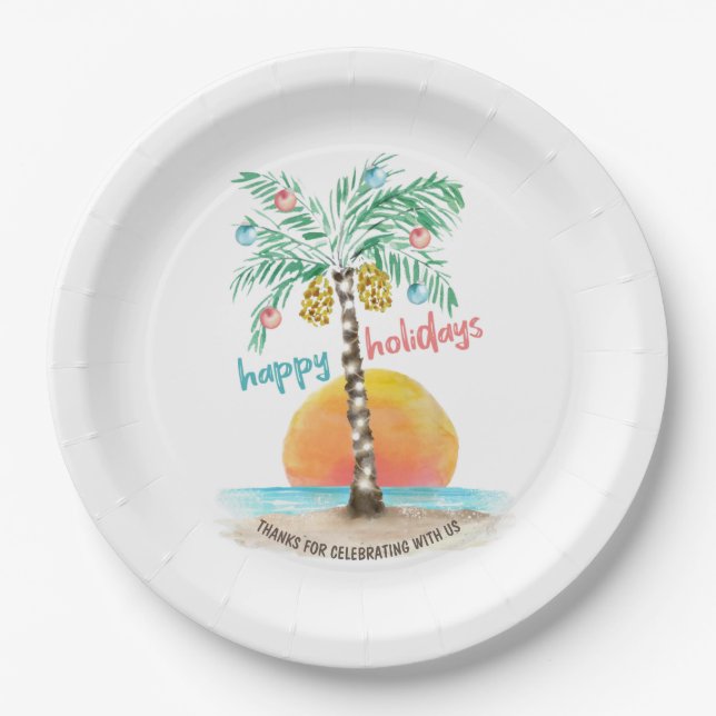 Island Holiday Tropical Beach Palm Christmas Paper Plates (Front)