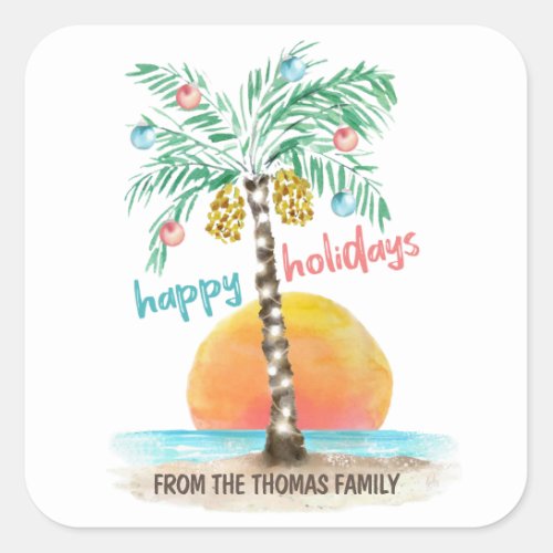 Island Holiday Tropical Beach Palm Christmas Square Sticker