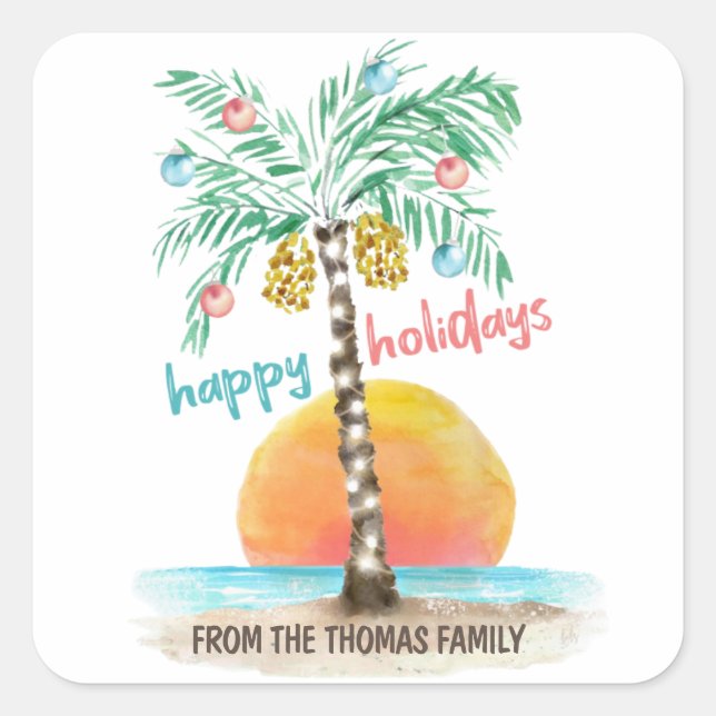 Island Holiday Tropical Beach Palm Christmas Square Sticker (Front)