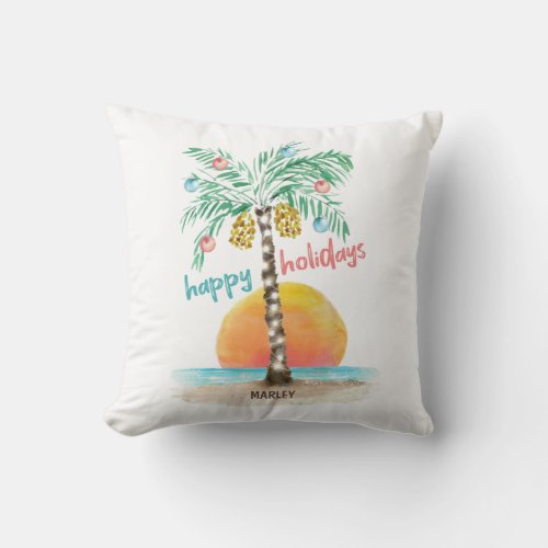 Island Holiday Tropical Beach Palm Tree Christmas Throw Pillow