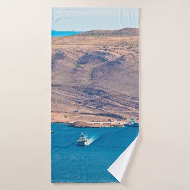 Island of Pag stone desert and ferry port view, Da Bath Towel (Bath Towel)