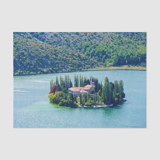 Island of Visovac monastery in Krka NP - Croatia Tissue Paper (Front)