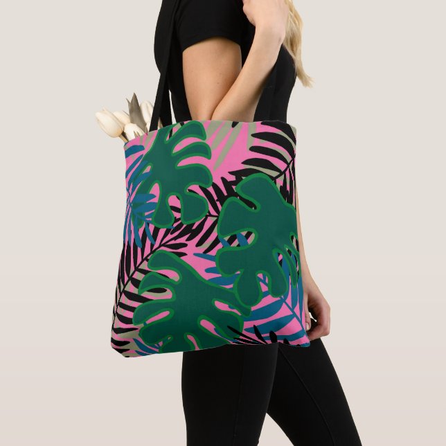 Island Palm Green Pink Black tote big bag Tropical (Close Up)