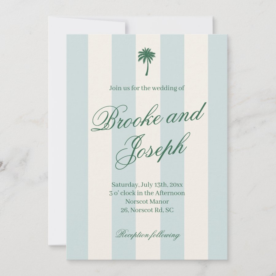 Island Palm Stripe Cabana Beach Retro blue wedding Invitation