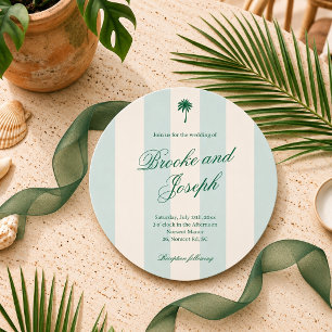 Island Palm Stripe Cabana Beach Retro blue wedding Save The Date