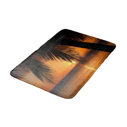 Island Palm Tree Over Orange Sunset Beach Scene Bath Mat