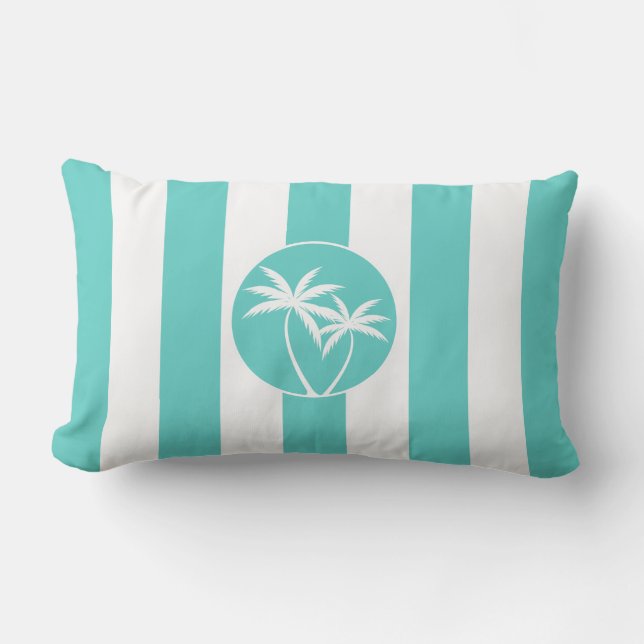 Island Palms Beach Life Aqua Stripes Pattern Lumbar Pillow (Front)