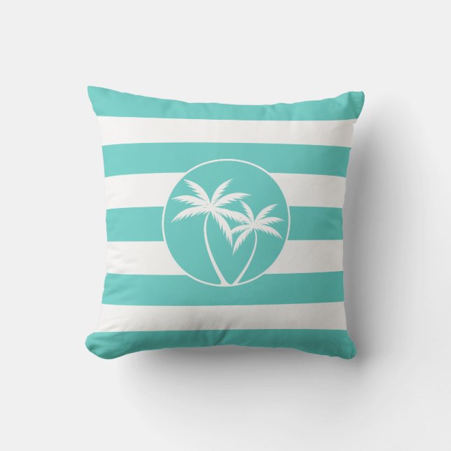 Island Palms Beach Life on Aqua Stripes Pattern Throw Pillow (Front)