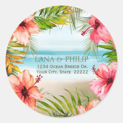 Island Paradise Floral Wedding Return Address Classic Round Sticker