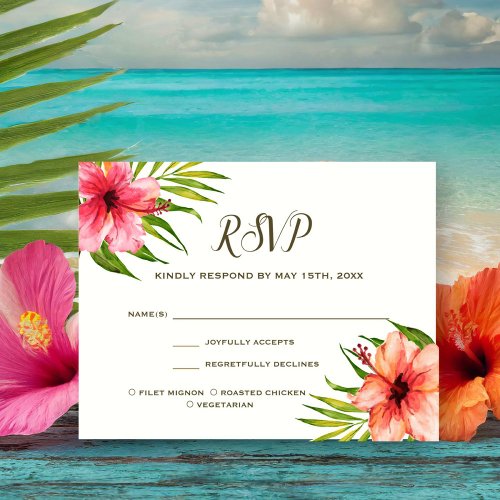 Island Paradise   Meal Choice Flowers Palm Leaf RSVP Card