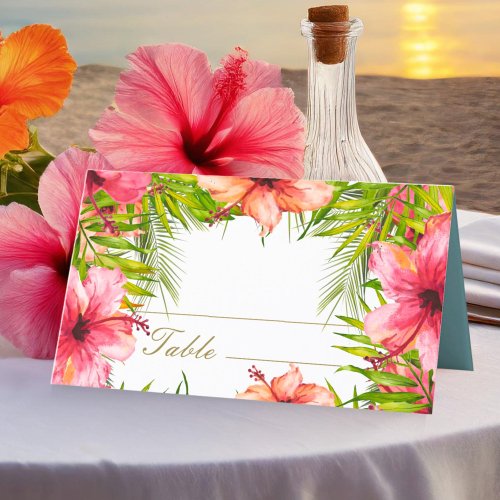 Island Paradise  Palm Tree and Flowers Wedding Place Card