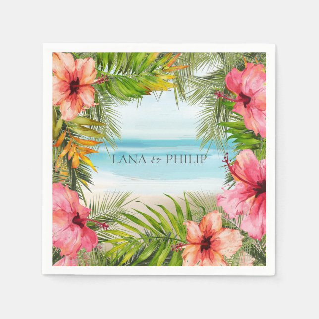 Island Paradise | Tropical Beach Flower and Palms Napkins (Front)