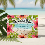 Island Paradise Tropical Beach Save The Date<br><div class="desc">Tropical save the date cards feature a watercolor beach,  pink and coral hibiscus flowers and palm leaves that surround your names,  wedding date,  location and wedding website or other info. Reverse side is beautiful ocean blue. Personalize with your names and wedding information.</div>