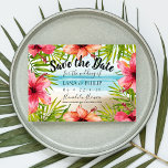 Island Paradise Tropical Beach Save The Date<br><div class="desc">Tropical save the date cards feature a watercolor beach,  pink and coral hibiscus flowers and palm leaves that surround your names,  wedding date,  location and wedding website or other info. Reverse side is beautiful ocean blue. Personalize with your names and wedding information.</div>