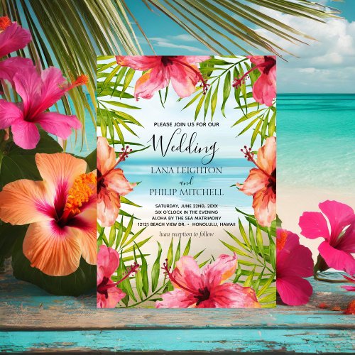 Island Paradise Tropical Palm  Hibiscus Wedding Invitation
