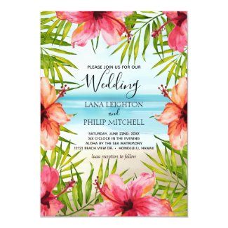 Island Paradise Tropical Palms and Flowers Wedding Invitation