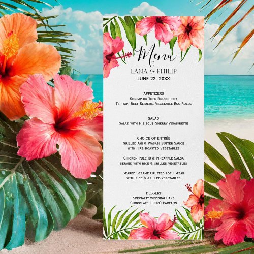 Island Paradise  Watercolor Floral Palms Wedding Menu