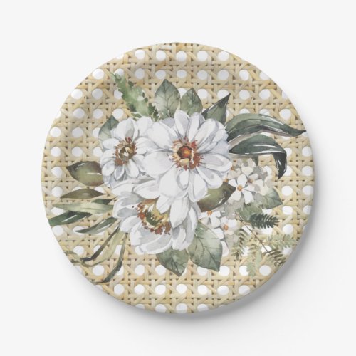 Island Patio  Natural Rattan  White Flowers Paper Plates