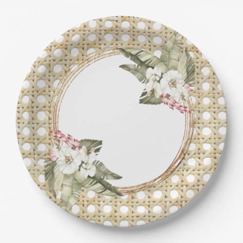 Island Patio  Natural Rattan  White Orchid Paper Plates