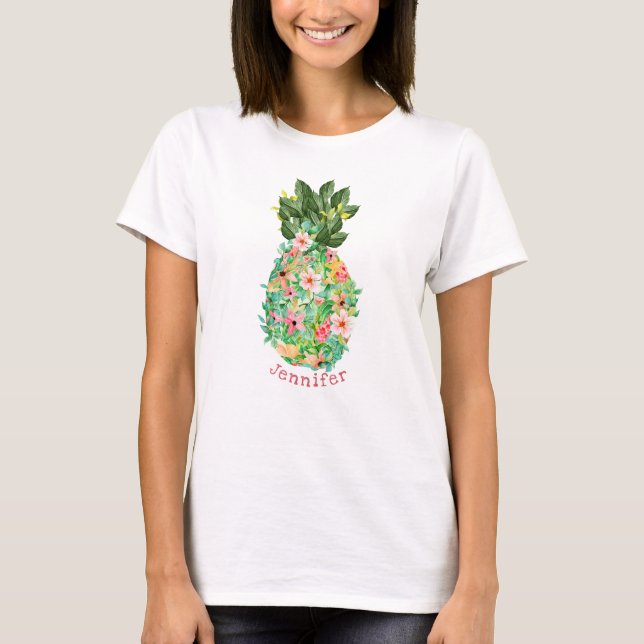 Island Pineapple Tropical Floral Personalized Name T-Shirt (Front)