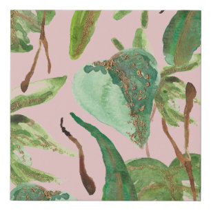Island Pink Green Gold Tropical Leaves Faux Canvas Print