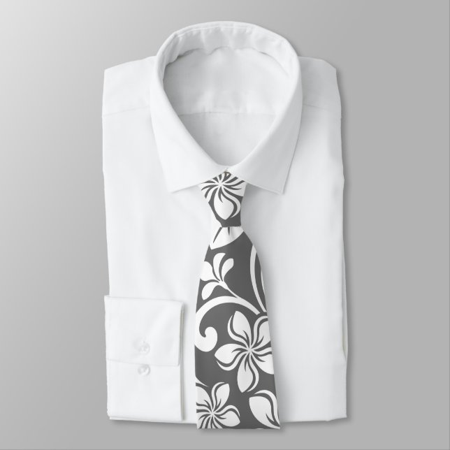 ISLAND PLUMERIA (GRAY) NECK TIE (Tied)