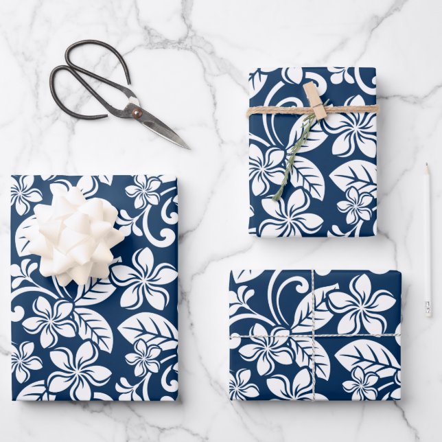 ISLAND PLUMERIA (NAVY BLUE) WRAPPING PAPER SHEETS (Front)