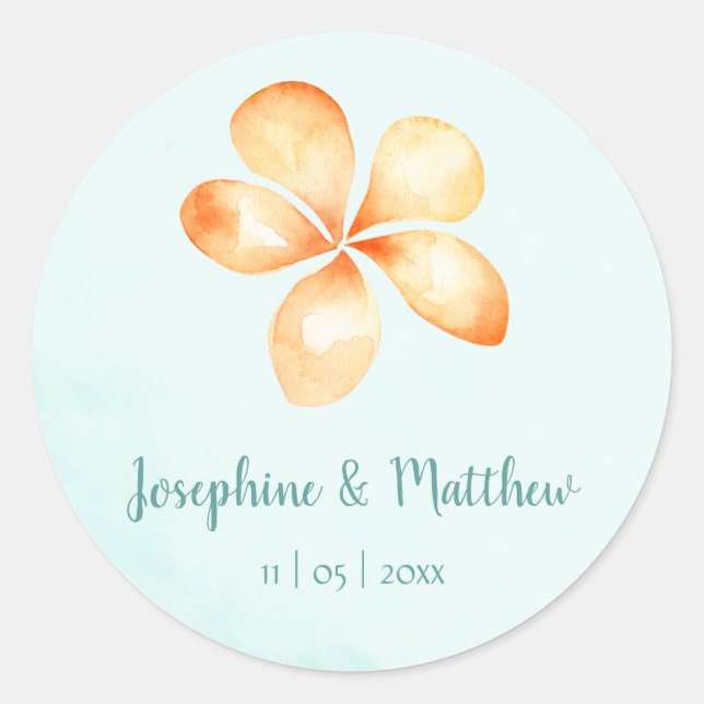 Island Plumeria Watercolor Wedding Stickers (Front)