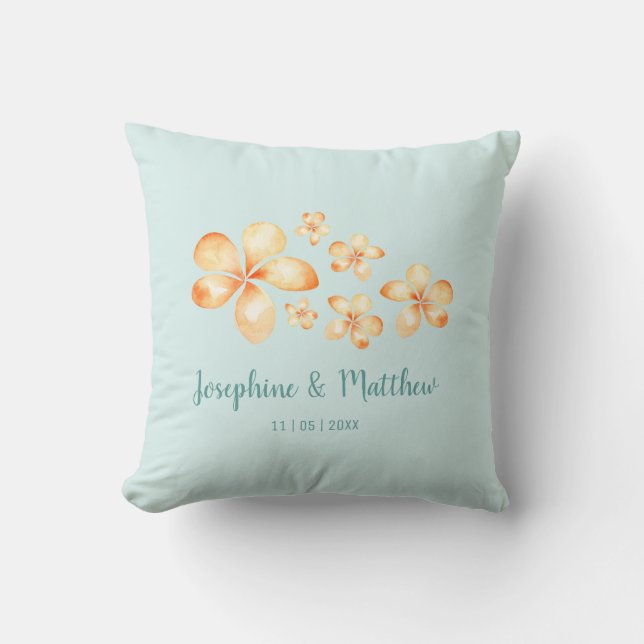 Island Plumeria Watercolor Wedding Throw Pillow (Front)
