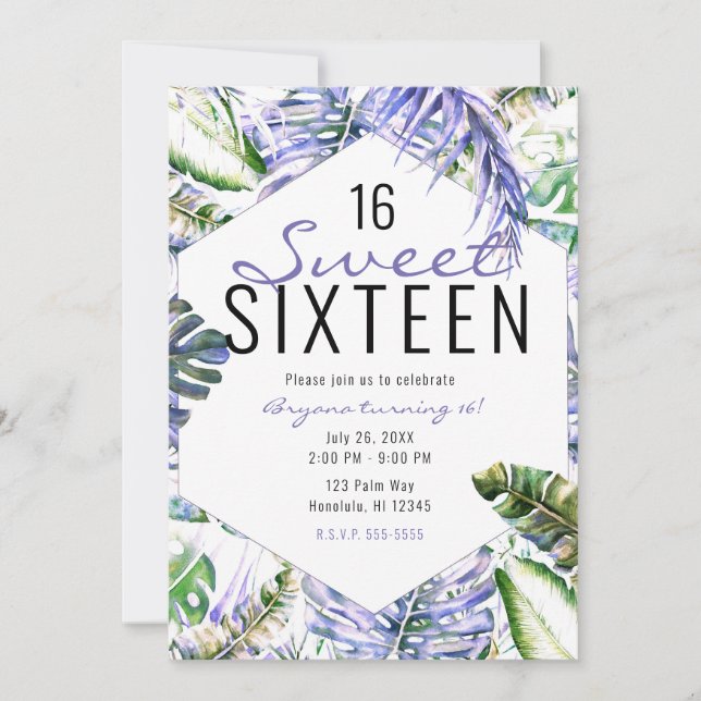 Island Purple Lilac Tropical Palm Leaves Sweet 16 Invitation (Front)