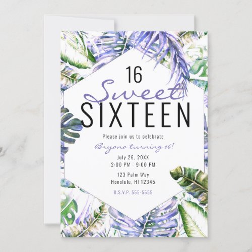 Island Purple Lilac Tropical Palm Leaves Sweet 16 Invitation