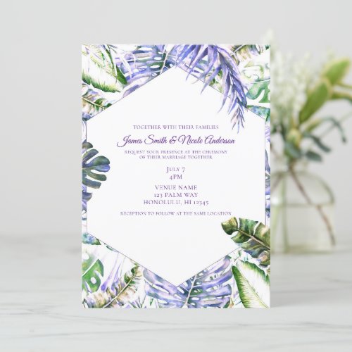 Island Purple Lilac Tropical Palm Leaves Wedding   Invitation