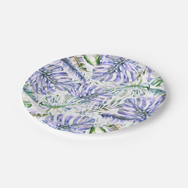 Island Purple Lilac Tropical Palm Leaves Wedding   Paper Plates (Angled)