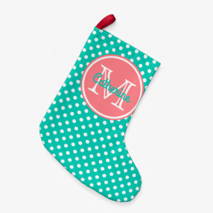 Island Sea and Coral Pink Polka Dot Monogram Small Christmas Stocking